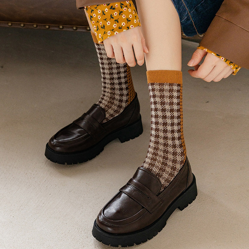 Damalı leopar baskı çift parça İtalyan retro çift iğne kazık çorap